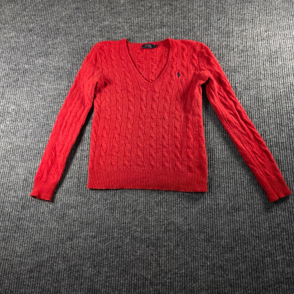 Polo Ralph Lauren Red Merino Wool Cashmere Cable Knit V-Neck Sweater Womens S/M